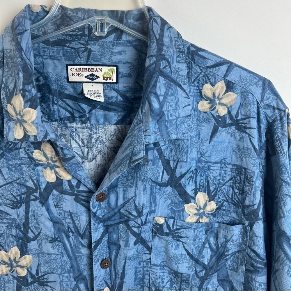 Caribbean Joe Men’s Silk Hawaiian Shirt Large Tropical Blue Short Sleeve Bamboo - Picture 2 of 8